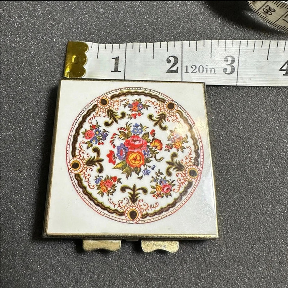 Vintage Handheld Compact Mosaic Floral Top Hinged Double Mirror - Picture 7 of 8